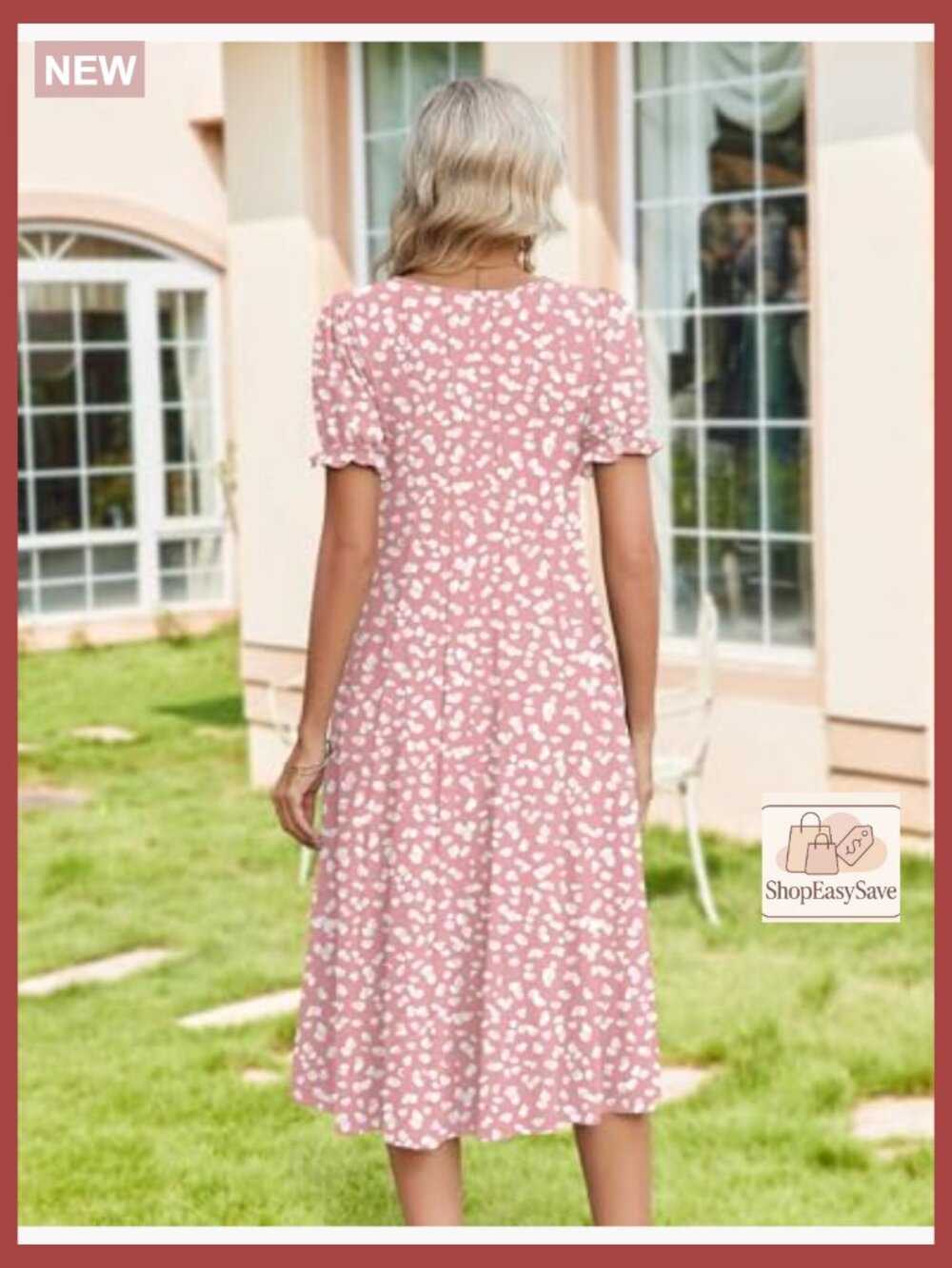 Pleated Midi Dress Puff Sleeve Flowy Casual Sundress with Pockets Elegant Chic - Picture 2 of 7